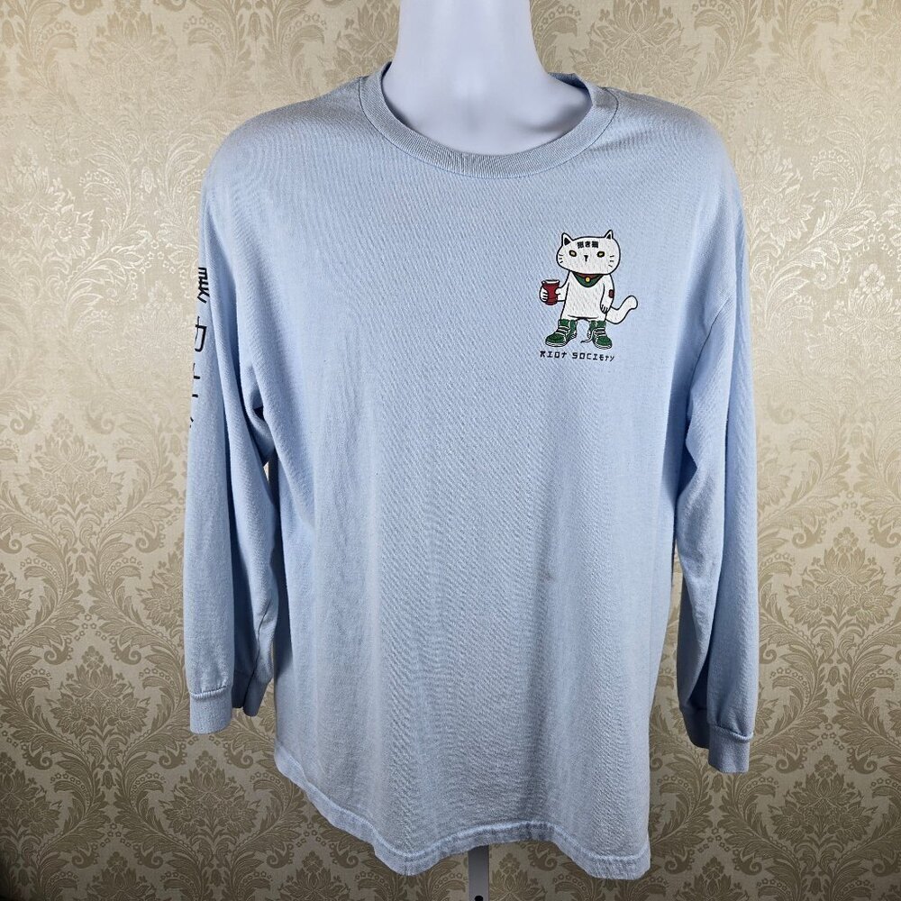 Riot Society Size Large Light Blue Long Sleeve T-shirt Asian Cat Take Away Box